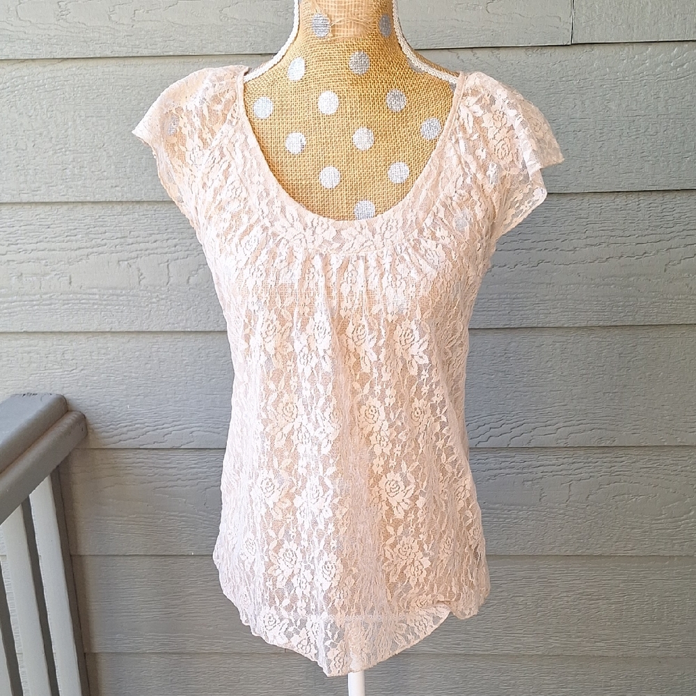 Y2k Self Esteem Fairycore Sheer Floral Lace Top Sz XL Beige Pink Tea Shade VTG
